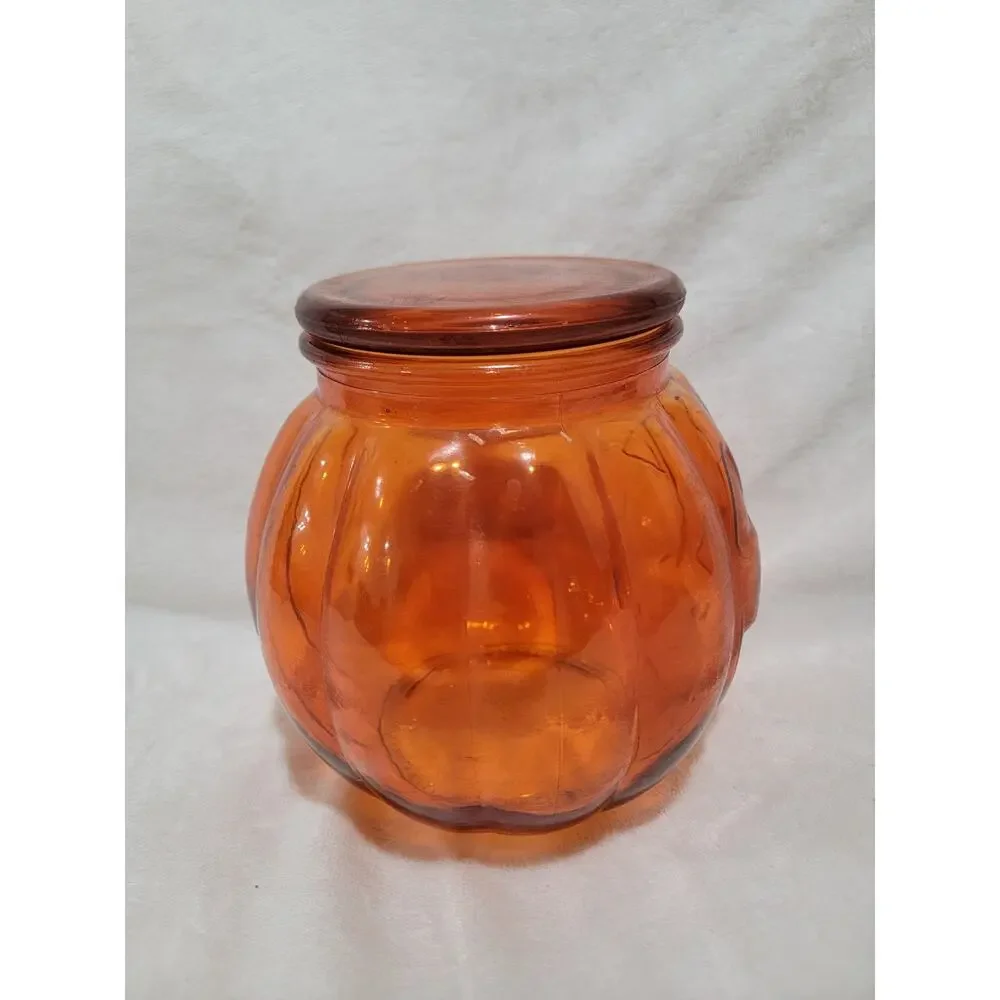 Vintage Halloween Orange Glass Pumpkin Candy Jar Canister w/Lid 7 1/2”